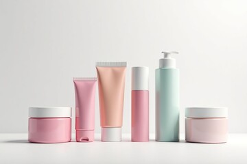 Various cosmetic tubes and containers against pure white backdrop, makeup, branding