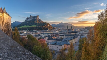 Obraz premium Panoramic Sunset View of Salzburg, Austria: Hohensalzburg Fortress and Cityscape at Golden Hour