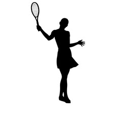 Silhouette of female tennis player swinging racket against white background  