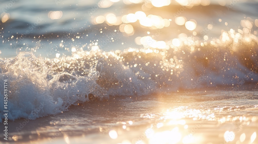 Poster sunlight creates a magical bokeh effect on ocean waves as they crash gently on the sandy shore durin
