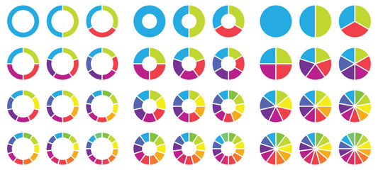Pie chart set. Circle section graph. Pie chart divided 1,2,3,4,5,6,7,8,9,10,11,12 equal parts. Infographic wheel segment or section parts. Circle division infographic icon set. Vector illustration