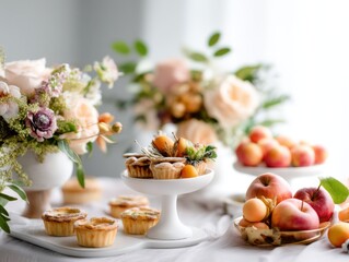 Pastel Flowers and Fruit Tarts on Elegant Table Setting