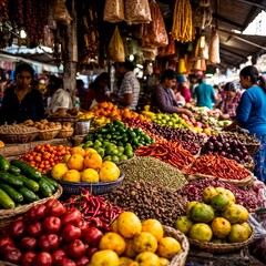 Vibrant market scene showcasing fresh fruits and vegetables  