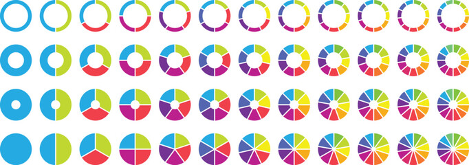 Pie chart color icons. Circle section graph. 1,2,3,4,5,6,7,8,9,10 segment infographic. Wheel round diagram part symbol. Segment slice sign. Wheel division into fractions, sectors. Vector illustration.