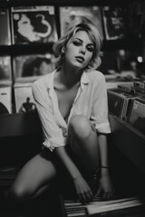 Punk, goth rock styled girl posing in music store. Wearing leather jacket and dark make-up. Fashion editorial Style. Black and white.	
