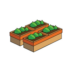 Raised garden beds vector illustration, elevated planting boxes for backyard gardening, agriculture and eco farming