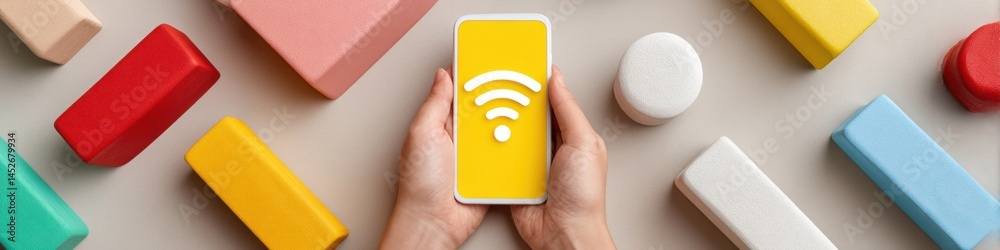 Poster Digital Connectivity Minimalism Gen Z Wireless Networking Concept with Colorful Geometric Design Elements - Modern Tech Lifestyle and Professional Communication