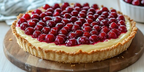 Creamy cherry pie in homemade crust on old cutting board