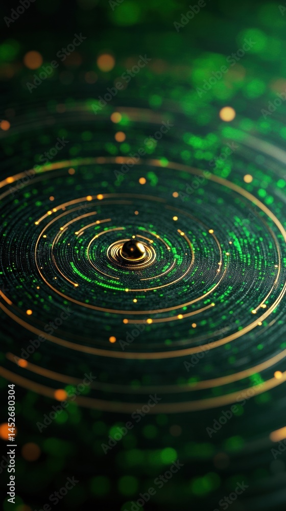 Poster Cybernetic Vortex Immersive Digital Visualization of Advanced Data Dynamics in Emerald and Gold - Cutting-Edge Tech Aesthetics for Future-Forward Design Innovations