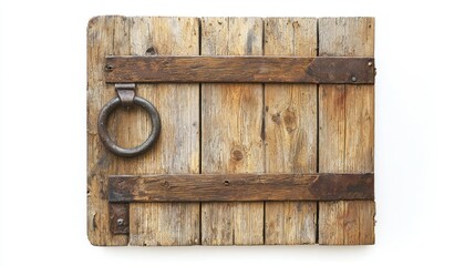 Rustic wooden door with metal ring handle, partially opened on white background.