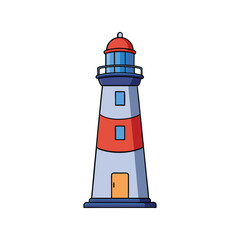 Lighthouse vector illustration, coastal beacon tower with light beam, maritime navigation and ocean safety