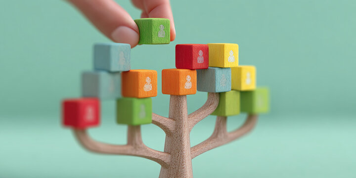 Wooden tree with colorful blocks, each showing a person icon, symbolizing team growth, network, or organizational structure.  Concept represents human resources, connection, and collaboration