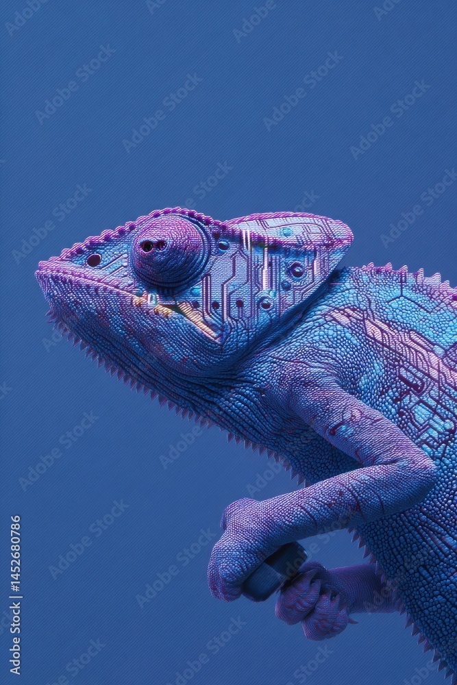 Poster Cybernetic Nature Futuristic Chameleon with Glowing Circuit Skin - Innovative Tech Visualization for Digital Transformation and Creative AI Storytelling