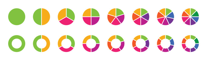 Colorful Pie chart set. Pie chart circle. Circle pie chart diagram. 2,3,4,5,6,7,8,9,10,11,12 sections or steps. Circle section graph, Pie chart round. Vector illustration 