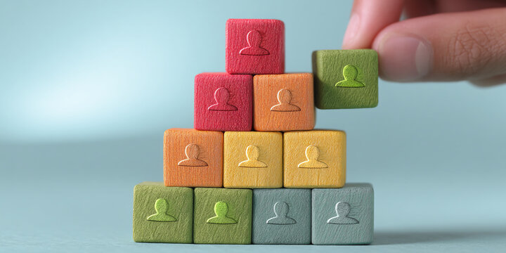 Colorful wooden blocks forming pyramid, each block showing person icon, symbolizing team building, growth, or human resources management