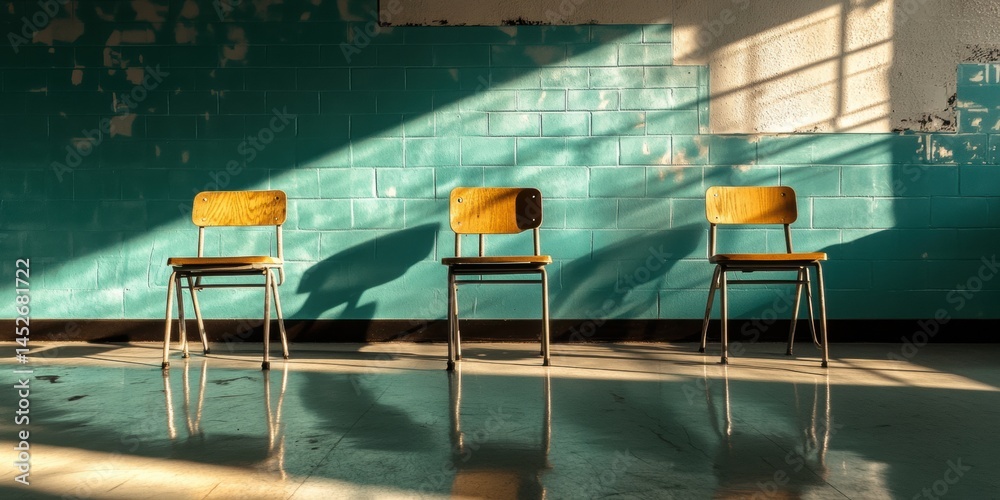 Poster Minimalist EdTech Aesthetic Empty Classroom Illumination - Transformative Learning Spaces, Architectural Solitude and Emerging Educational Design Trends