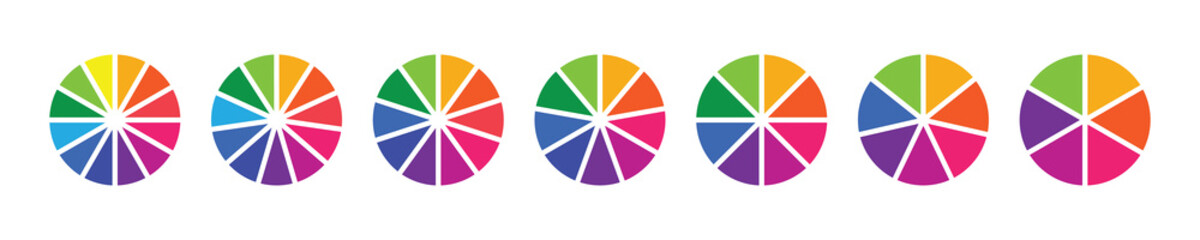 Obraz premium Pie chart set. Pie charts diagrams. Different color circles isolated. Circle section graph. Infographic element round shape. Vector. Pie chart divided 1,2,3,4,5,6,7,8,9,10,11,12 equal parts