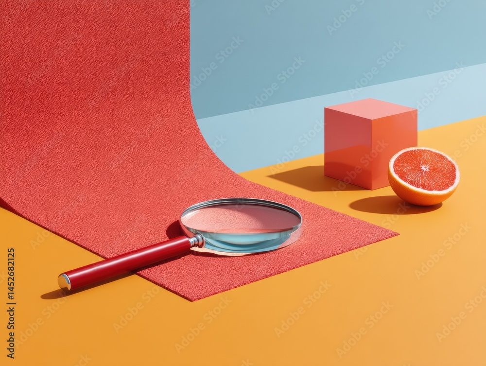 Poster Minimalist Color Block Design Geometric Exploration of Magnifying Glass, Grapefruit, and Cubic Form - Creative Visual Research in Contemporary Graphic Language