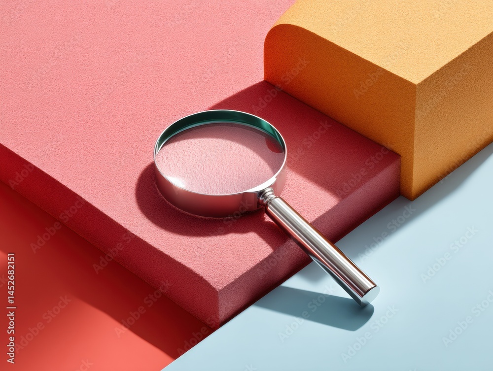Aufkleber Geometric Color Block Minimalism Precision Magnifying Glass on Color-Gradient Platforms Showcasing Modern Design Exploration and Visual Analytics