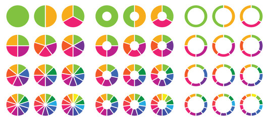Circle pie chart diagram. Circle section graph. 1,2,3,4,5,6,7,8,9,10,11,12 sections or steps. Colorful Pie chart set. Pie chart circle. Flat process cycle. Progress sectors. vector illustration