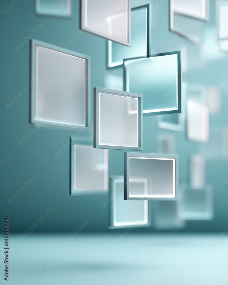 Poster Minimalist Digital Interface Mockup Floating Transparent Screens Showcasing Sleek UX Design Innovation for Modern Tech Branding and Creative Visual Communication
