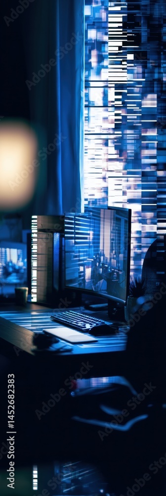 Aufkleber Cybernetic Productivity Nexus Immersive Digital Workspace with Glowing Hyperconnected Screens - AI-Driven Remote Work Transformation for Tech Professionals
