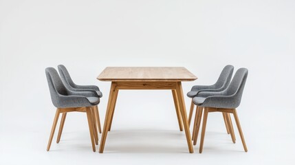 Fototapeta premium Scandinavian wooden table with three grey fabric chairs on white background.