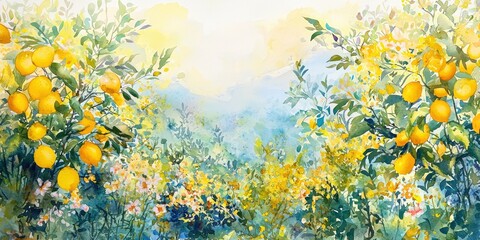 Dreamy watercolor painting of lemon trees and mixed florals