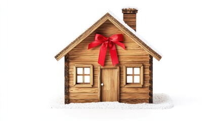 Scandinavian-style wooden house with red ribbon tied at the front door on white background.