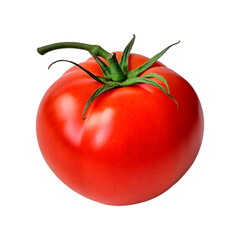 Fresh ripe red tomato with green stem isolated on transparent background, perfect for food packaging, advertisements, and healthy lifestyle concepts, PNG file with no shadow