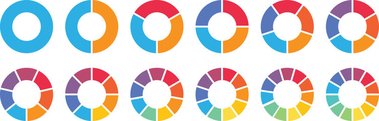 Obraz premium Pie chart set, segmented circle icons with circle diagram. Infographic wheel segment or sections parts. Pie chart divided Circle diagram collection. Color pizza or donut round diagram. Circle section.