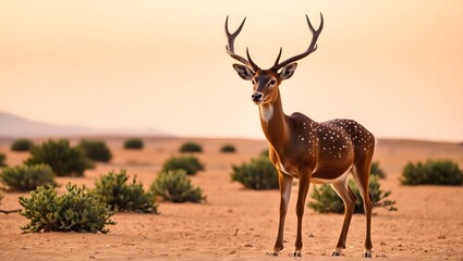 Spotted deer standing in a desert landscape with sparse vegetation under a hazy sky at sunset