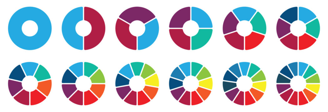 Pie chart set, segmented circle icons with circle diagram. Infographic wheel segment or sections parts. Pie chart divided Circle diagram collection. Color pizza or donut round diagram. Circle section.