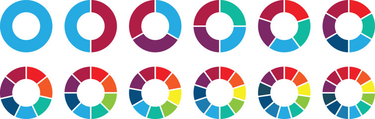 Pie chart color icons. Segment slice sign. Circle section graph. Pie chart set. 1,2,3,4,5,6,7,8,9,10,11,12 segment infographic. Wheel round diagram part symbol. Three phase, six circular cycle