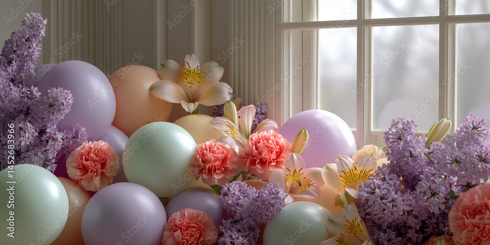 Poster pastel balloons and flowers near window, creating a soft, spring-like scene, showcasing delicate bea