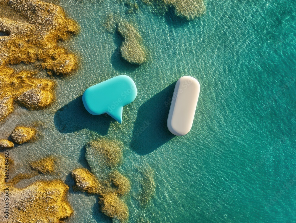 Aufkleber Minimalist Communication Design Empathetic Dialog Symbols on Oceanic Texture - Innovative Conflict Resolution and Digital Interaction Metaphor