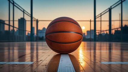 A basketball sits on a polished court with a city skyline and sunset in the background at golden hour