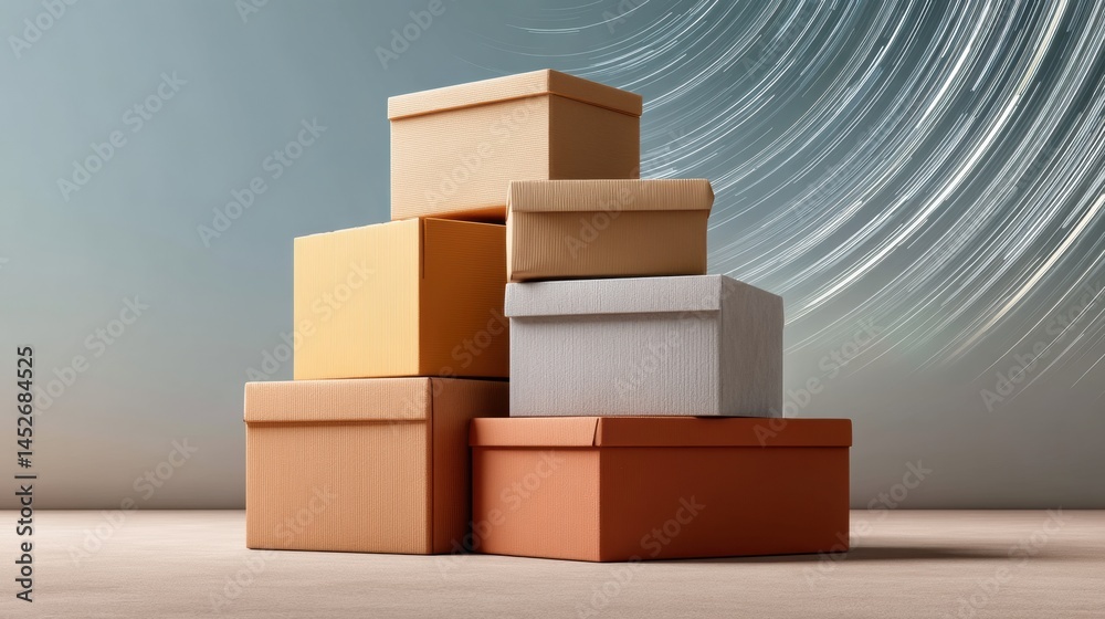 Poster minimalist e-commerce logistics visualization elegant stacked cardboard boxes in neutral palette sho