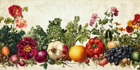 Elegant veggie-and-flower pairing print in old European style
