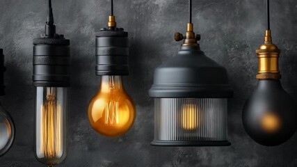 Five diverse vintage filament bulbs illuminate a textured grey wall, exhibiting classic and industrial aesthetic with metallic accents. - Powered by Adobe