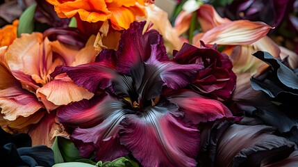 Fototapeta premium Dark Maroon and Orange Tulip Bouquet Closeup
