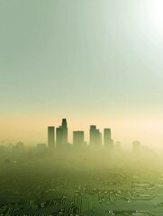 Obraz premium Emerging Techno-Urban Horizon Smart City Awakening in Sustainable Green Mist - Innovative Cityscape Visualizing Digital Transformation and Eco-Conscious Metropolitan Evolution