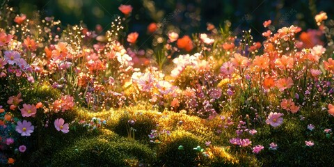 Enclosed wildflowers and moss glowing with morning dew