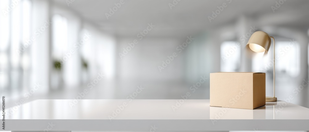 Poster minimalist career transition mockup white glass surface with elegant cardboard box and modern desk l