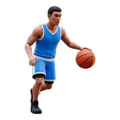 Naklejka premium 3D character in blue sports gear dribbling a basketball mid-game