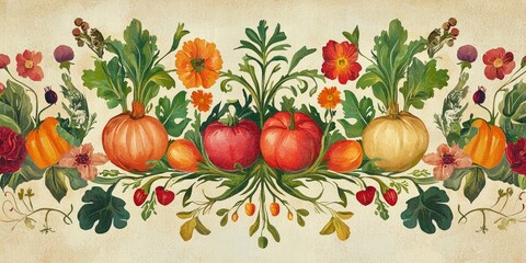 Faded wallpaper effect with repeating motifs of vegetables and flowers