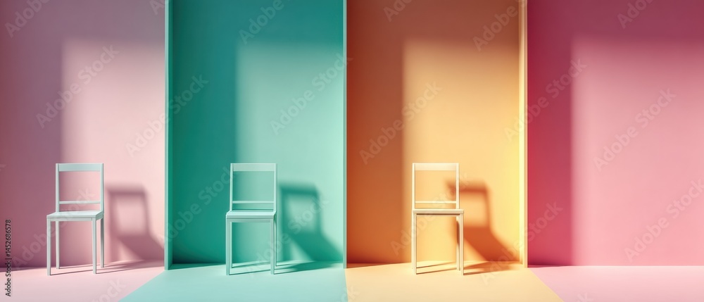 Poster minimalist spatial design geometric chair silhouettes in gradient color transitions - contemporary i