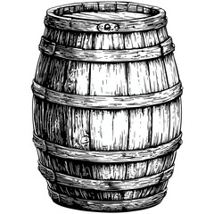 Vintage woodcut engraving, wooden barrel illustration, black sketch, old style vector art, retro container drawing, antique storage, rustic cask, detailed etching, farm element,