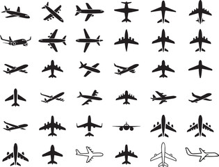 Big collection set of airplane silhouette icon set on white background