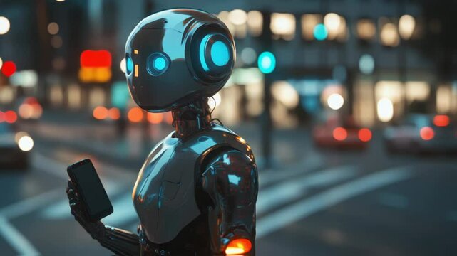 Robot on a city street at night